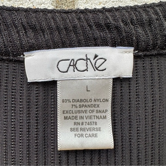 Cache Black Textured Snap Front Tunic Top Size Large Diabolo Nylon Stretch - Picture 3 of 8